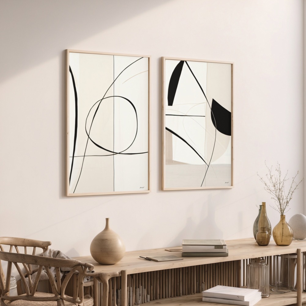 Minimalist abstract art paired with wooden console and neutral ceramic décor