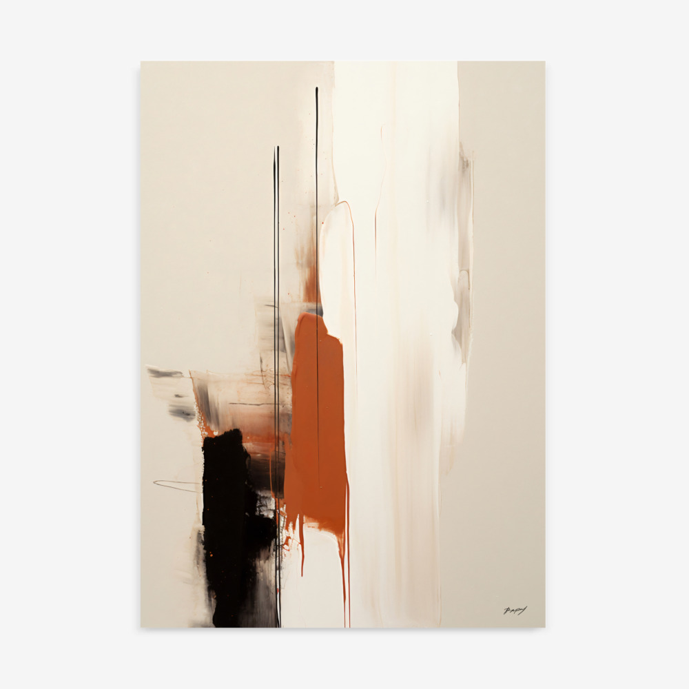 Abstract minimalist painting with rust, black and cream vertical elements on light background
