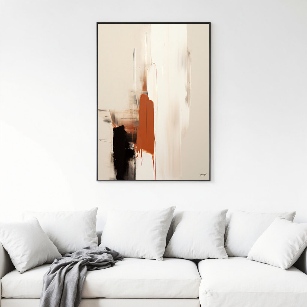 Abstract black and orange art above white sofa in modern minimalist living room.