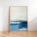 Abstract seascape painting with horizontal blue gradients and white accents in wooden frame.