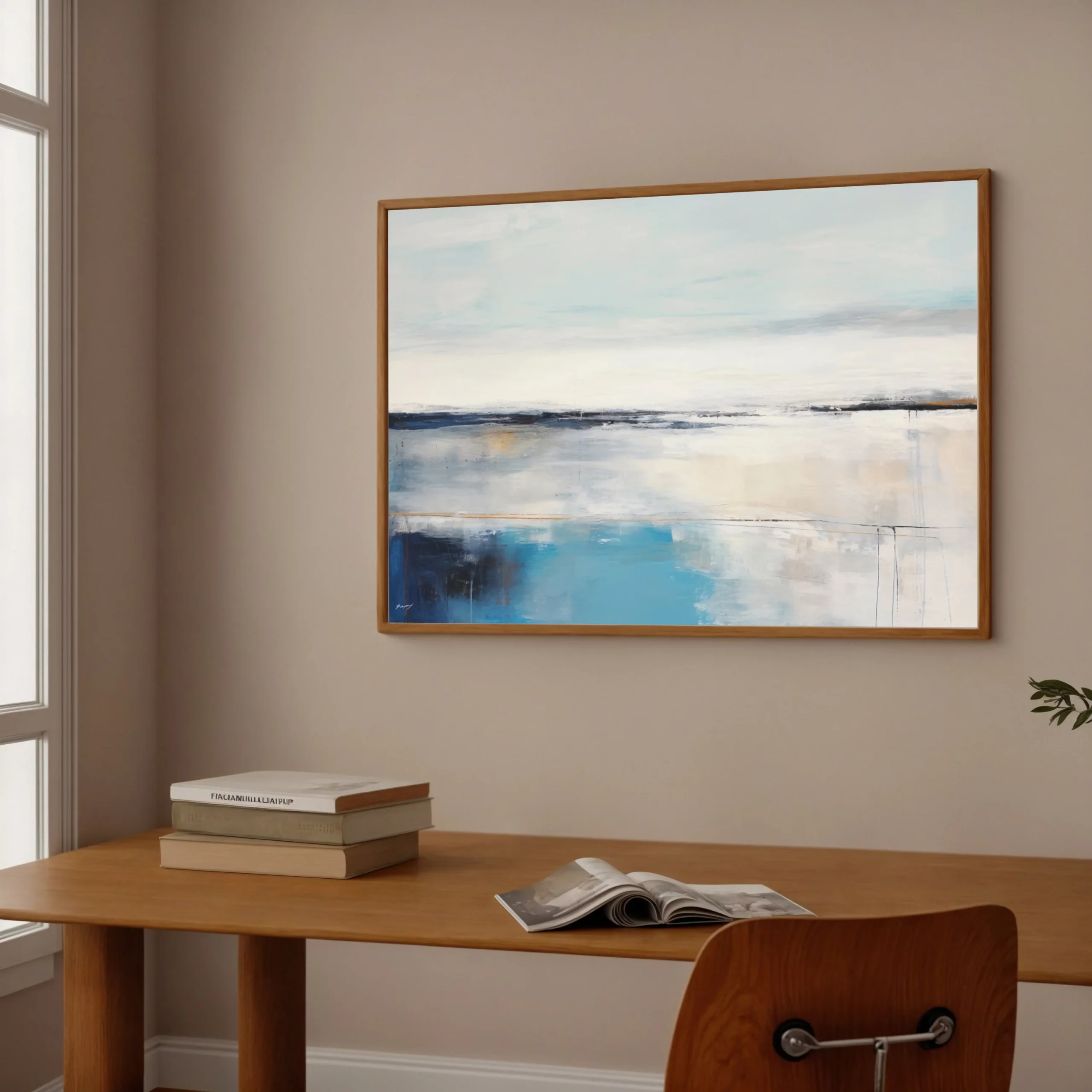 Abstract blue seascape painting in wooden frame above mid-century desk in minimalist interior.