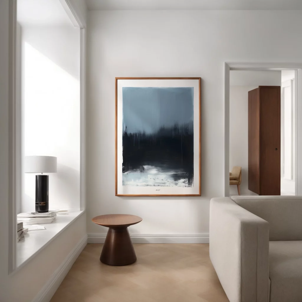 Abstract forest artwork in minimalist white room with natural light and wooden accents.