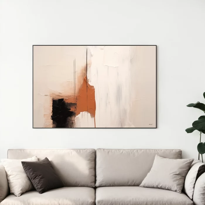 Modern abstract painting with terracotta and cream tones above neutral sofa