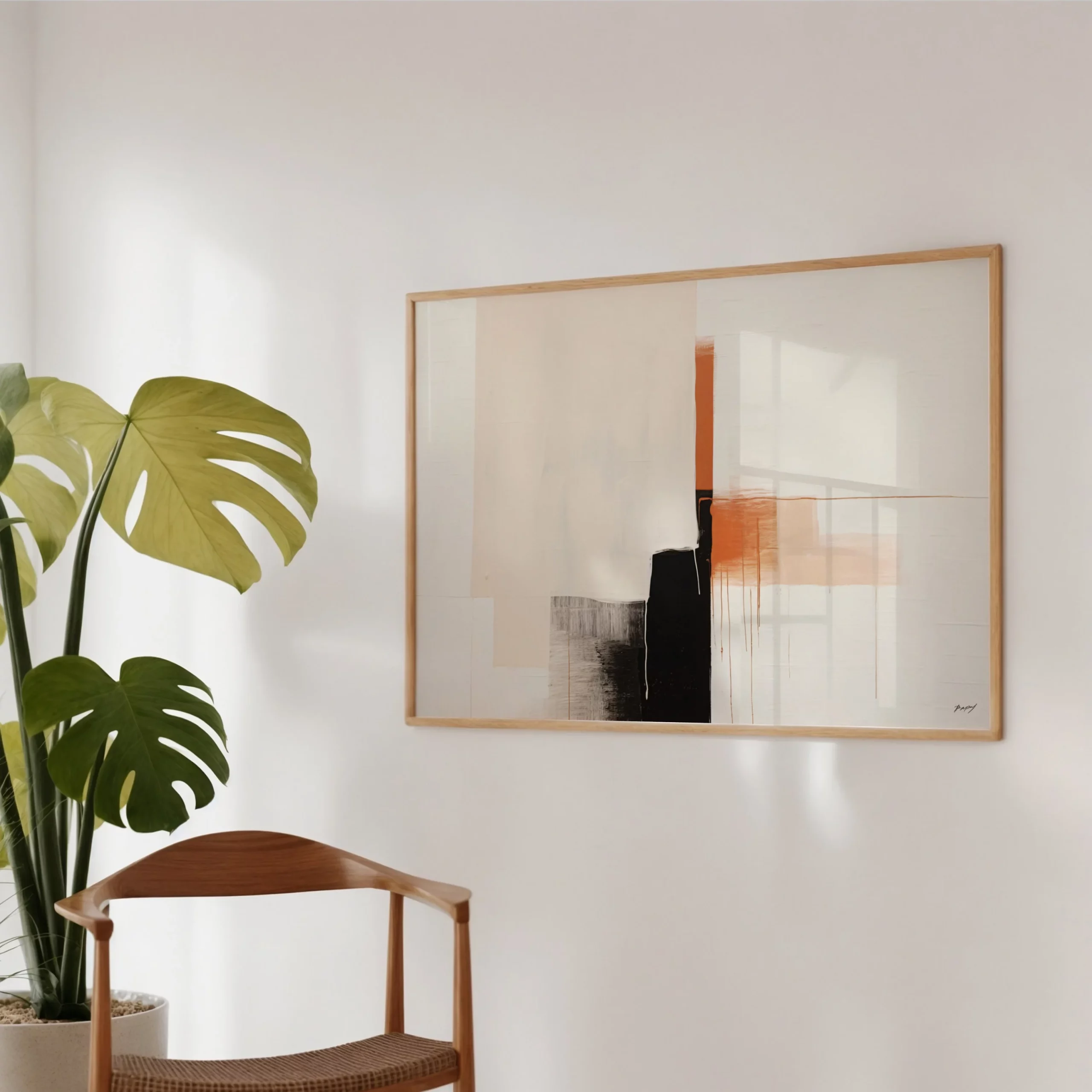 Minimalist abstract terracotta artwork with monstera plant beside mid-century chair.