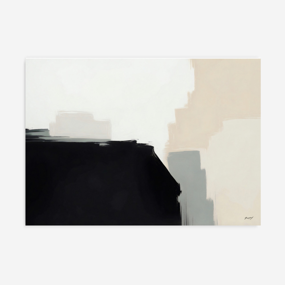 Abstract minimalist artwork with bold black shape contrasting against soft whites and beiges.