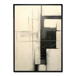Minimalist abstract artwork with geometric black and white shapes in sleek black frame.