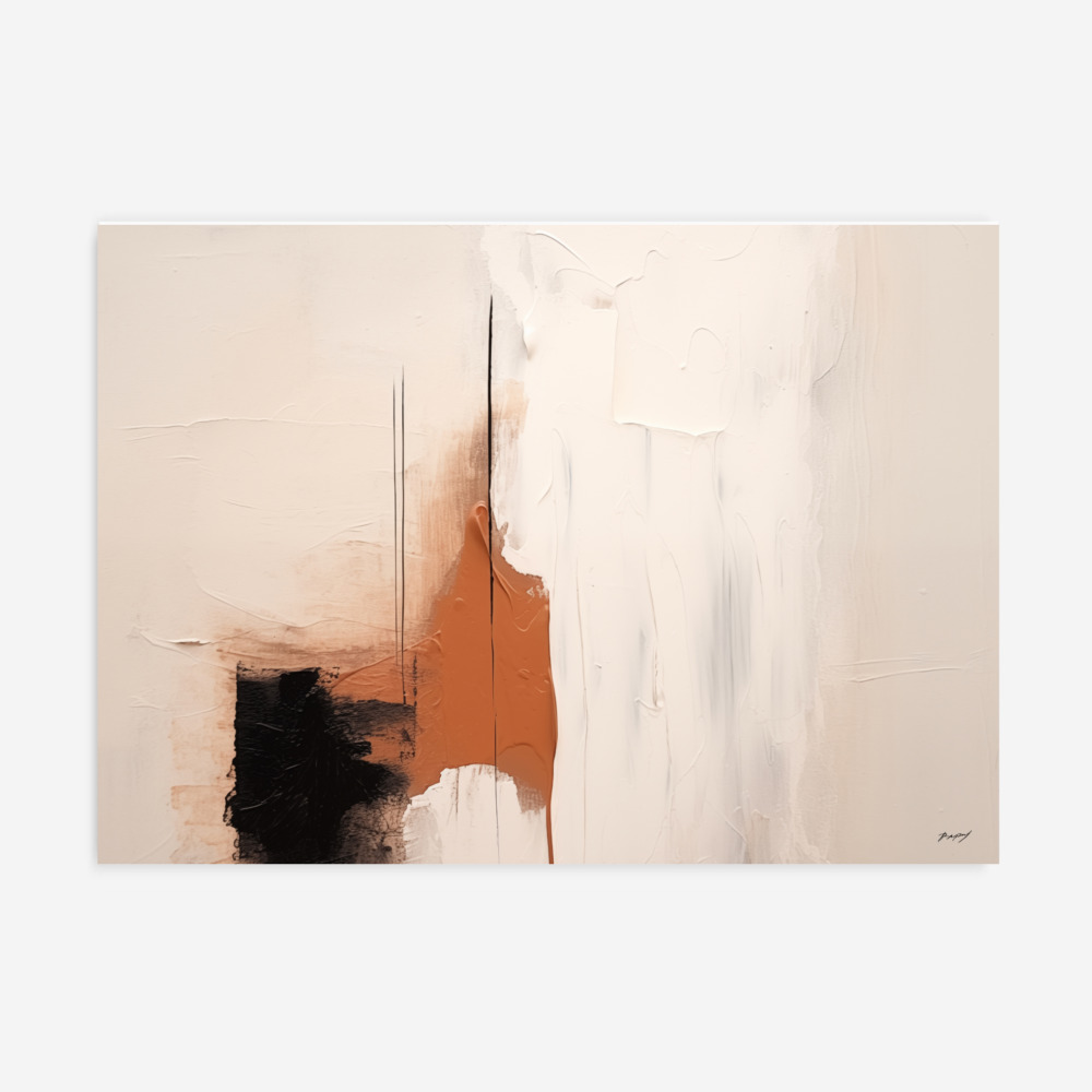 Minimalist abstract with cream background, terracotta strokes and bold black accents.