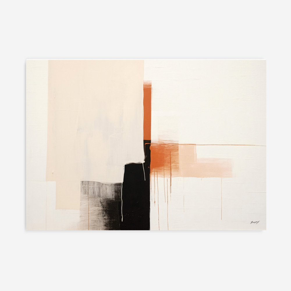 Minimal abstract composition with rust orange and black geometric elements on neutral background.