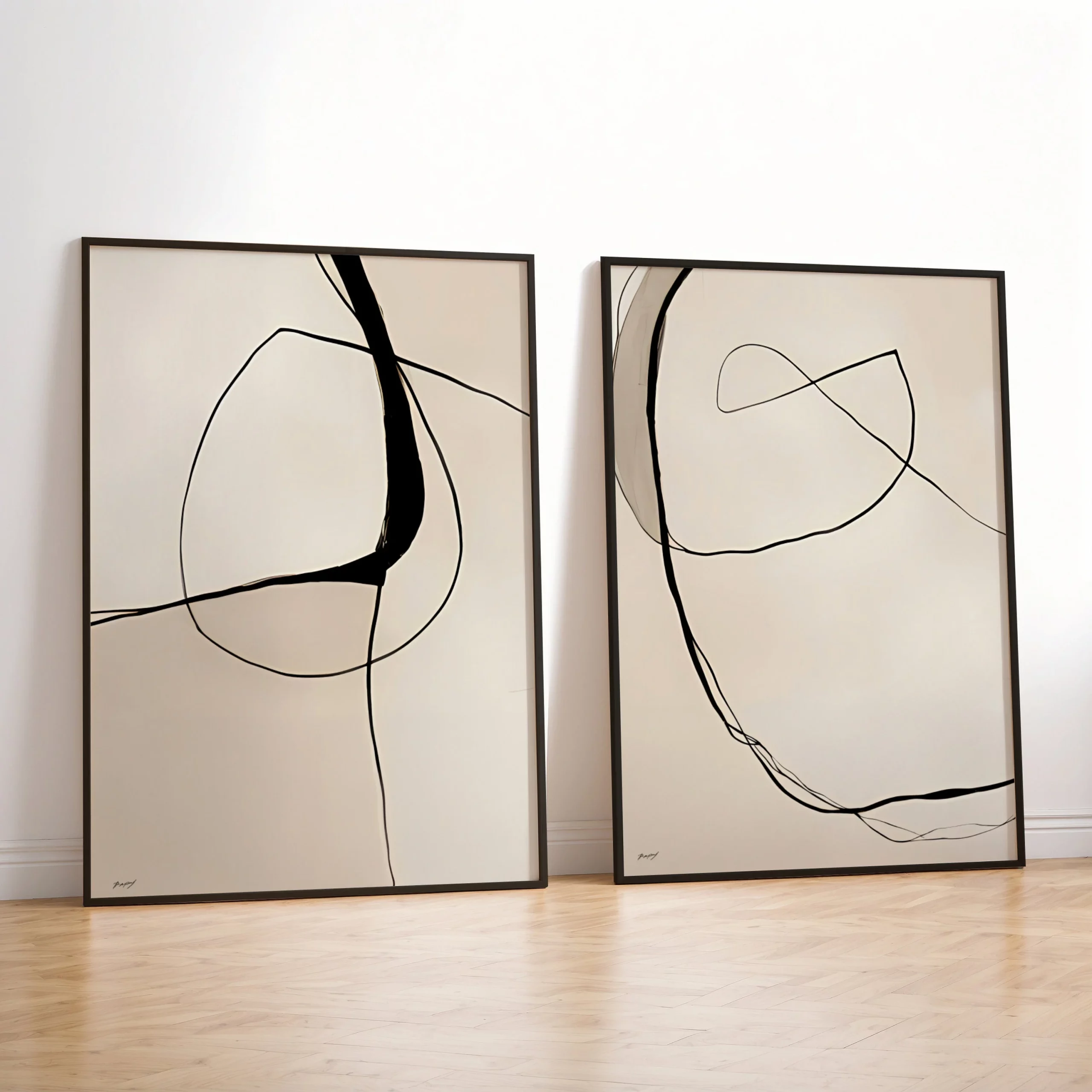 Minimalist Abstract Art Print Set | Black Beige Line Art Wall