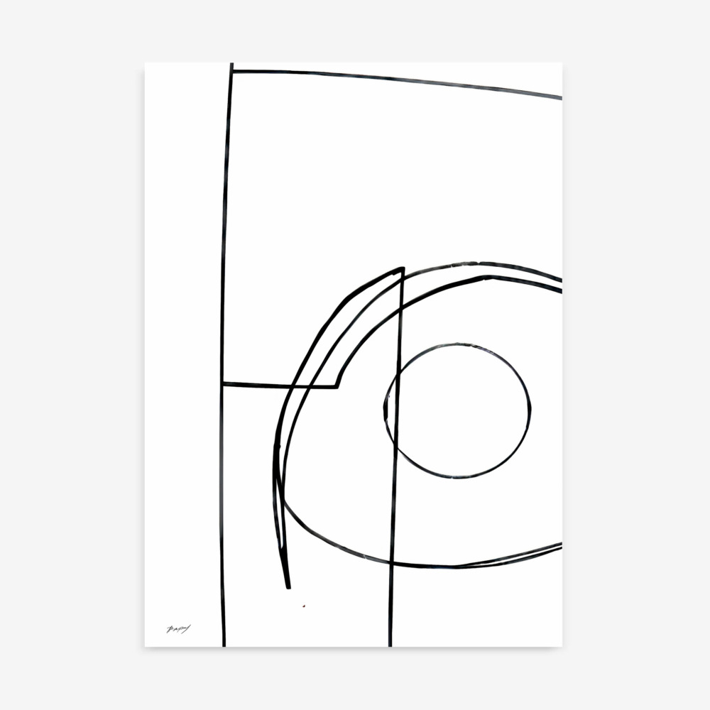 Minimalist black line art with circle and curved geometric shapes on white background.