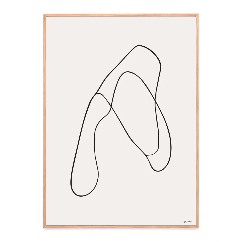 Abstract line art illustration with flowing black curves in light wooden frame