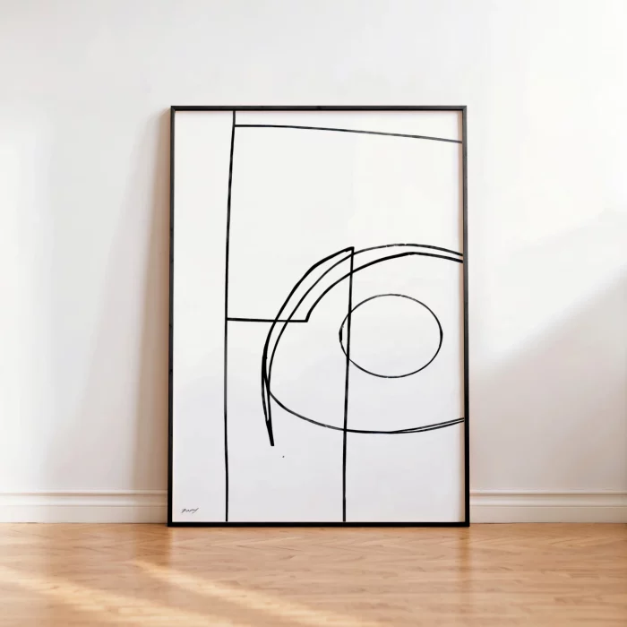 Minimalist black line art print with curved geometric patterns in sleek frame
