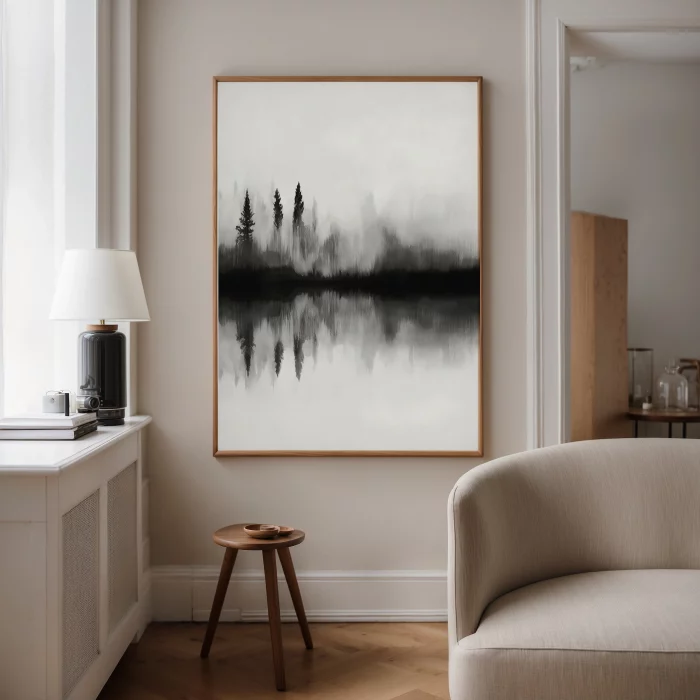 Misty forest reflection art print in elegant black and white monochrome framed above sofa.
