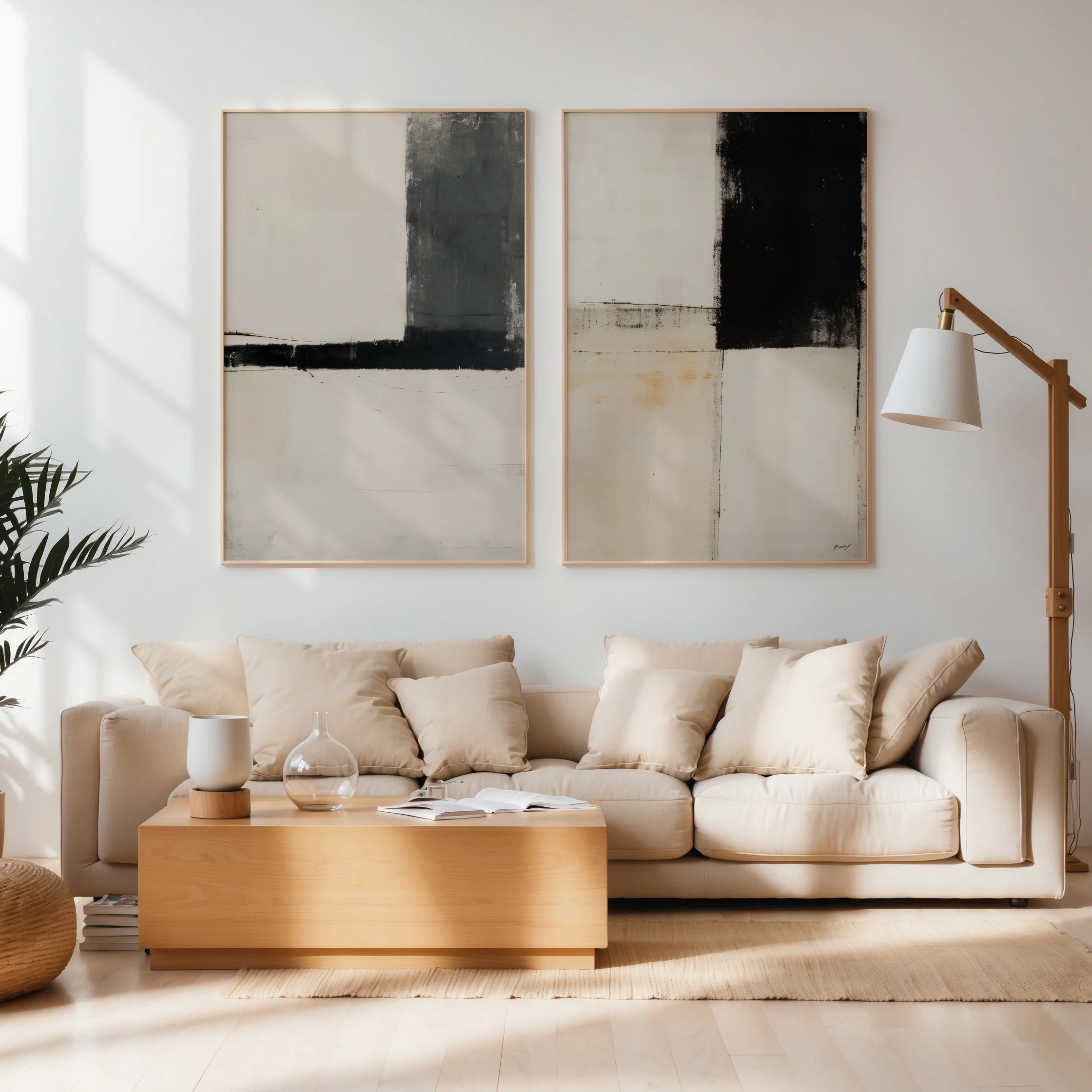 Modern living room with abstract black and beige wall art and cream sofa.