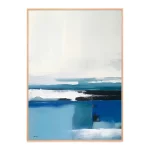 Abstract seascape painting with blue ocean horizon in minimalist wooden frame.