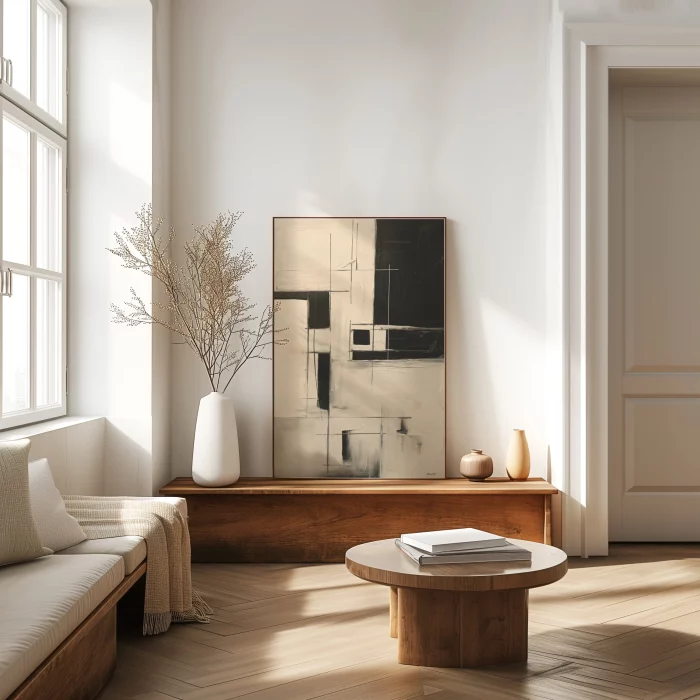Minimalist living room with abstract wall art, wooden furniture and natural light.
