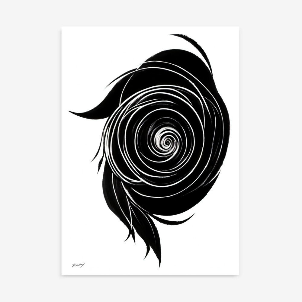 Abstract spiral design with feathery black elements flowing outward from white center