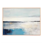 Abstract seascape painting with blue horizon over tranquil water, framed in light wood.
