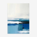 Abstract seascape in blues and whites with horizon line dividing ocean and sky.