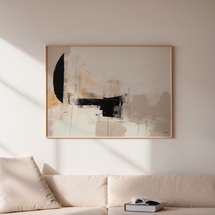 Abstract black brushstrokes on neutral canvas above cream sofa in minimalist living room