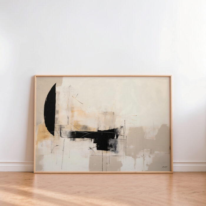 Abstract artwork with neutral tones and bold black forms in wooden frame.
