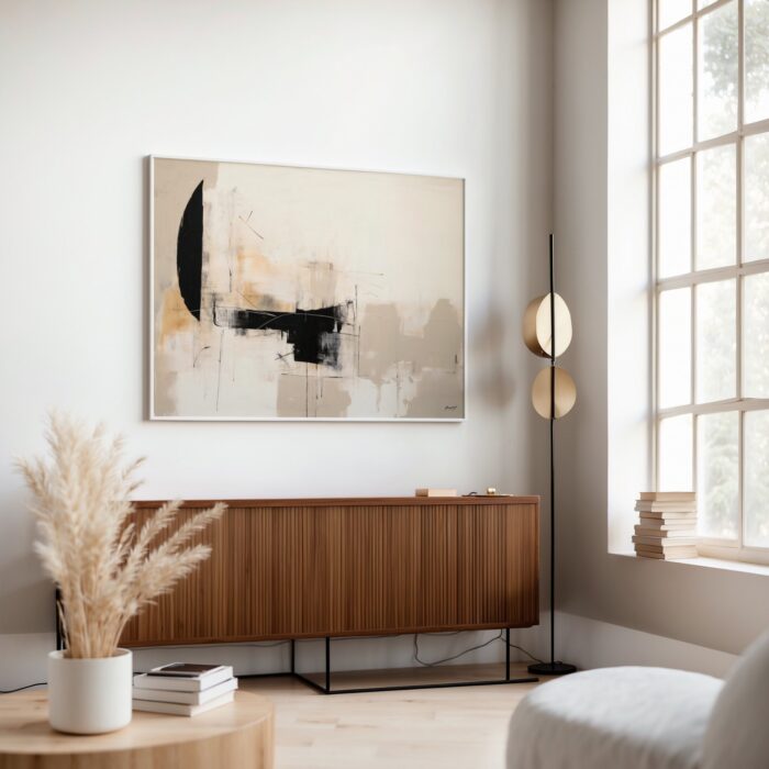 Abstract black and beige artwork hanging above wooden slatted credenza in bright modern living room.