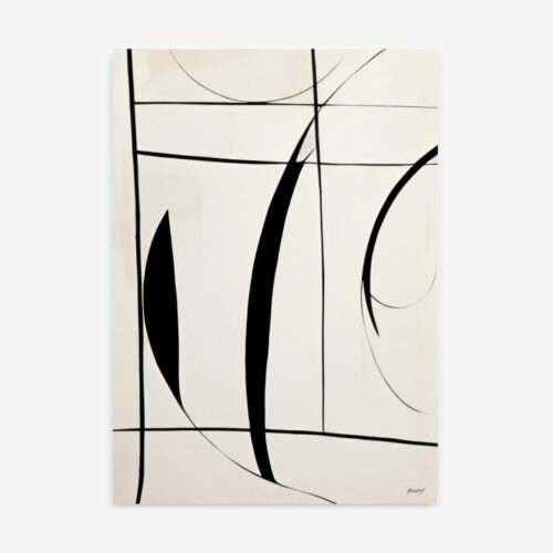 Abstract black curved lines and shapes on cream background creating minimal art composition.