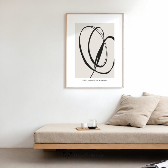 Minimalist black brushstroke abstract art above wooden bench with beige cushion and pillows.