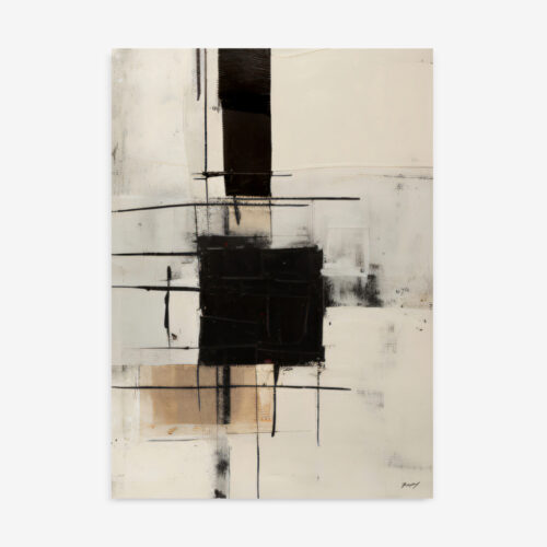 A contemporary abstract geometric art print featuring bold black and beige brushstrokes with intersecting lines on a textured off-white background.