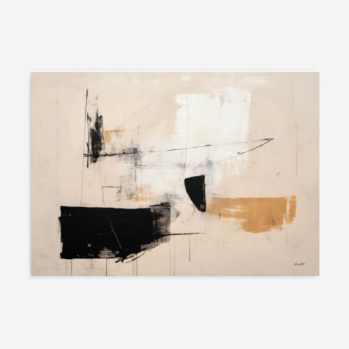 Minimalist abstract composition with contrasting black and white geometric forms on warm beige background.