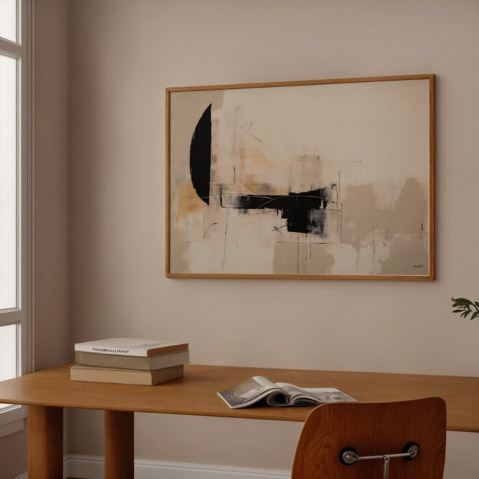 Abstract black and beige minimalist artwork in wooden frame above desk by window.