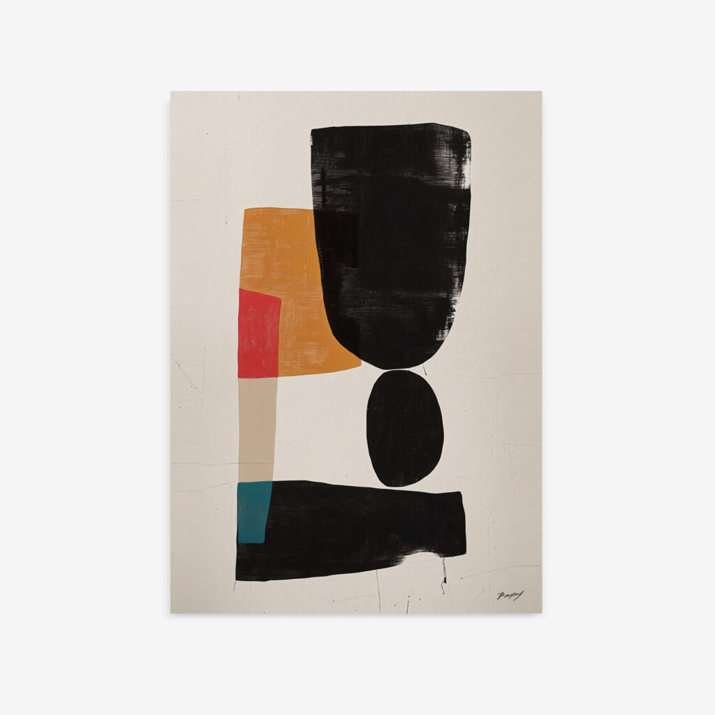 Minimalist geometric abstract art with black shapes and vibrant color accents on beige background.