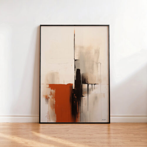 Abstract painting with burnt orange, black and beige brushstrokes in a dark frame.