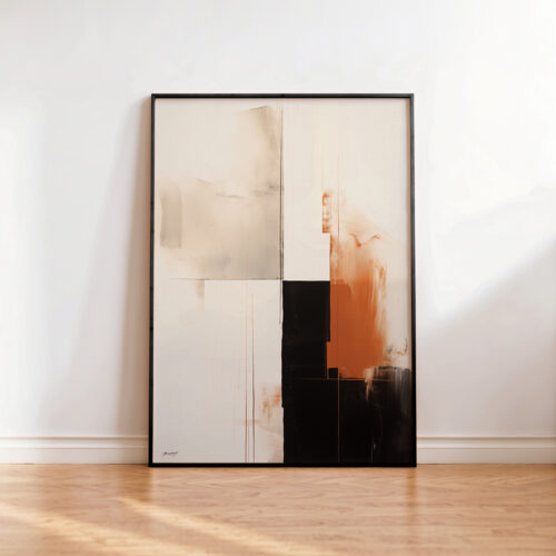 Minimalist abstract painting with black, cream and terracotta shapes leaning against white wall.