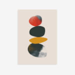 Abstract geometric cairn shapes in earthy tones of red, teal, yellow and blue-gray.