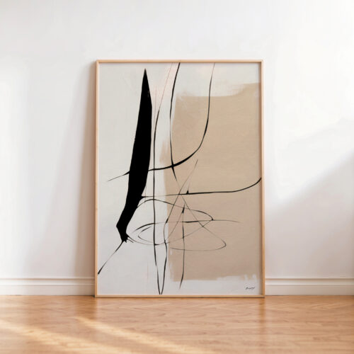 Minimalist abstract art with black brushstrokes on beige canvas in wooden frame.