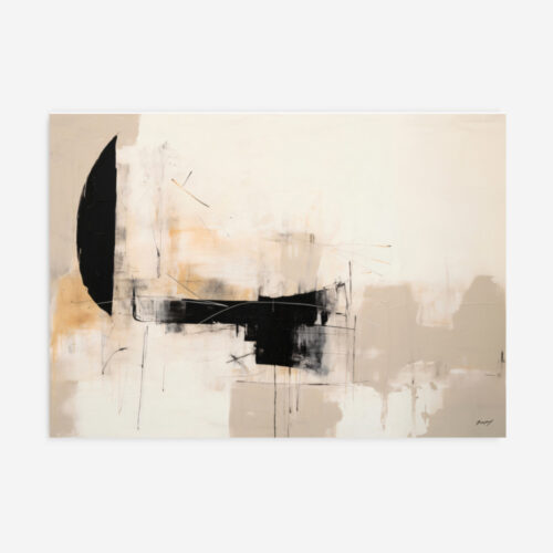 Minimalist abstract composition with black semicircle and horizontal strokes on neutral background.