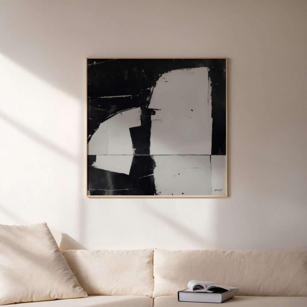 Striking black and white abstract artwork mounted on white wall above cream sofa.
