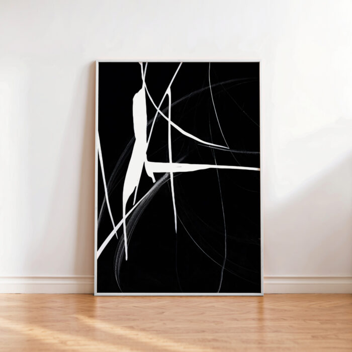 Modern black and white abstract art print with bold white brushstrokes on dark background.
