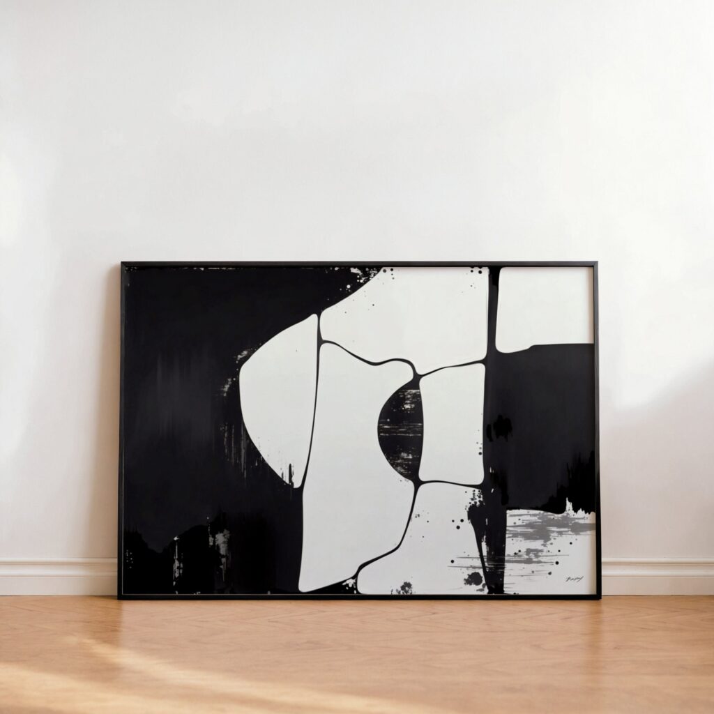 Minimalist black and white abstract artwork with curved organic shapes leaning against white wall.
