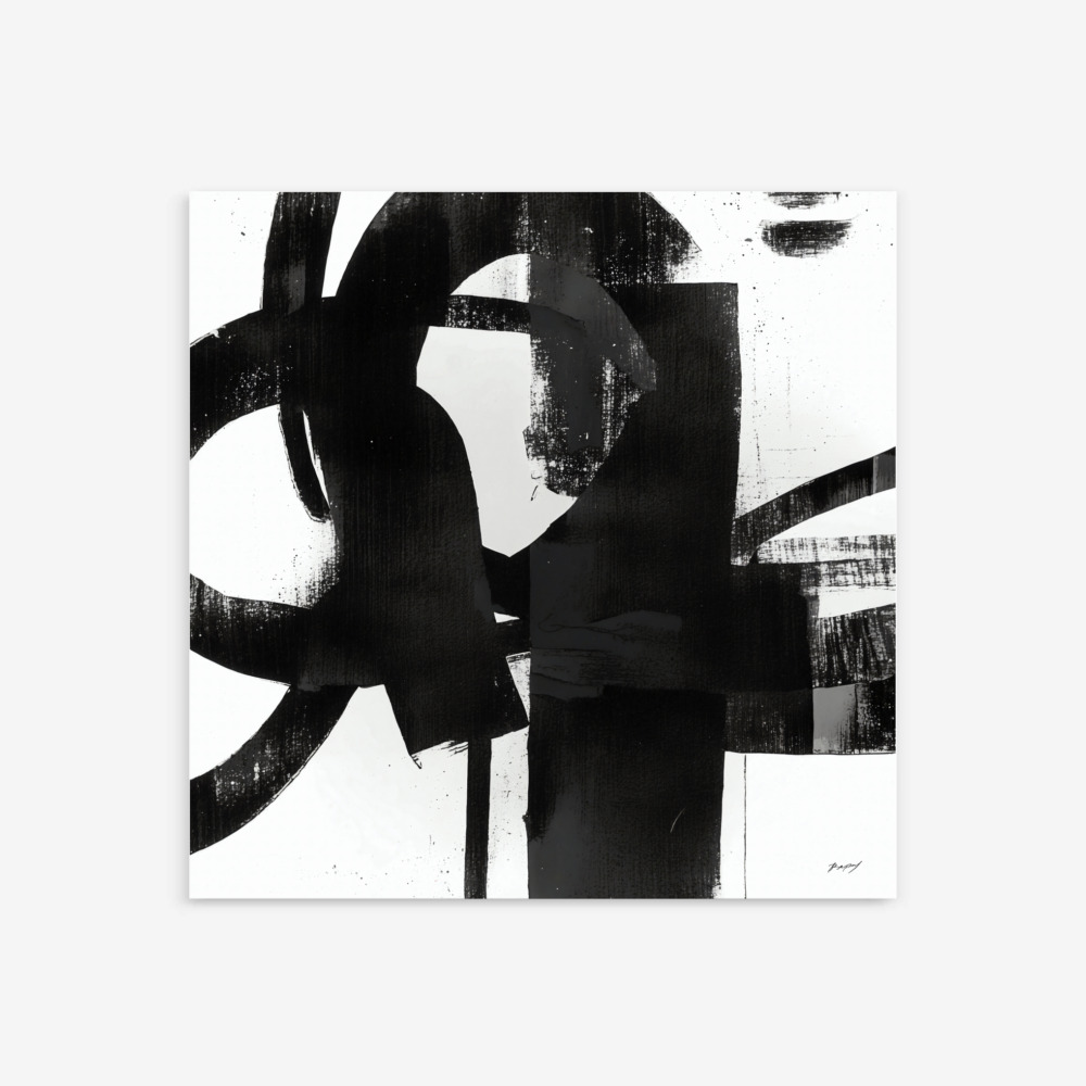 Minimalist black and white abstract painting with bold, dynamic brushstrokes on canvas.