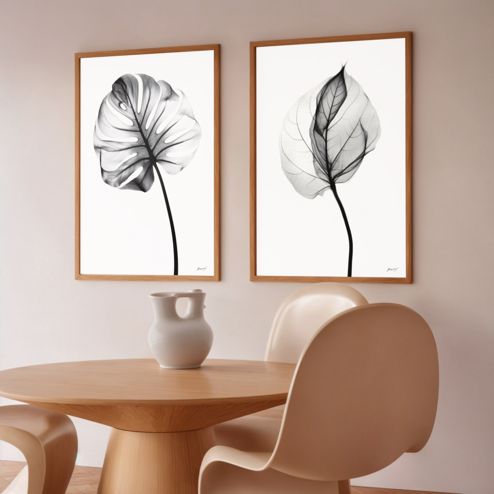 Minimalist dining space with framed botanical X-ray prints above wooden table.