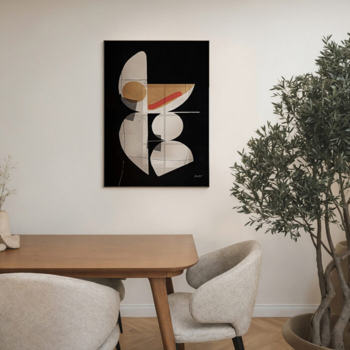Abstract geometric art with neutral tones displayed over modern furniture and indoor plant