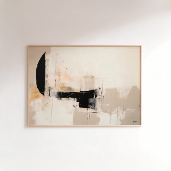 Elegant minimalist abstract art with bold black forms on cream background.