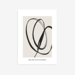 Elegant minimalist abstract art print with flowing black brushstrokes on beige background.