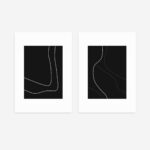 Minimalist black and white line art diptych with flowing curves on contrasting backgrounds.
