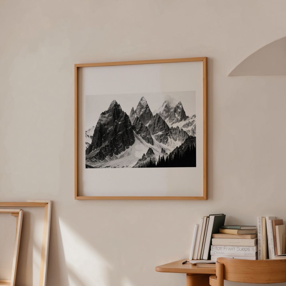 Framed black and white photograph of mountain peaks on neutral wall above wooden shelf