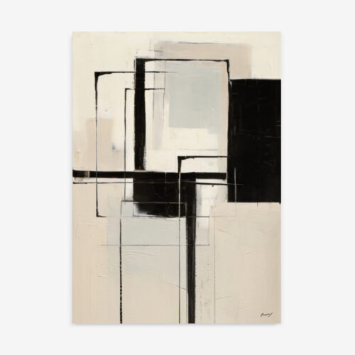  A modern geometric abstract art print featuring bold black and beige rectangular shapes with expressive brushstrokes on a textured off-white background.