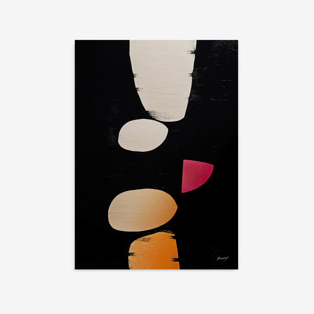 Abstract geometric shapes in red and orange floating against deep black background.