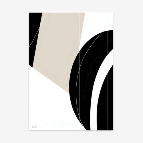 Abstract geometric composition with flowing black curves and beige angular forms